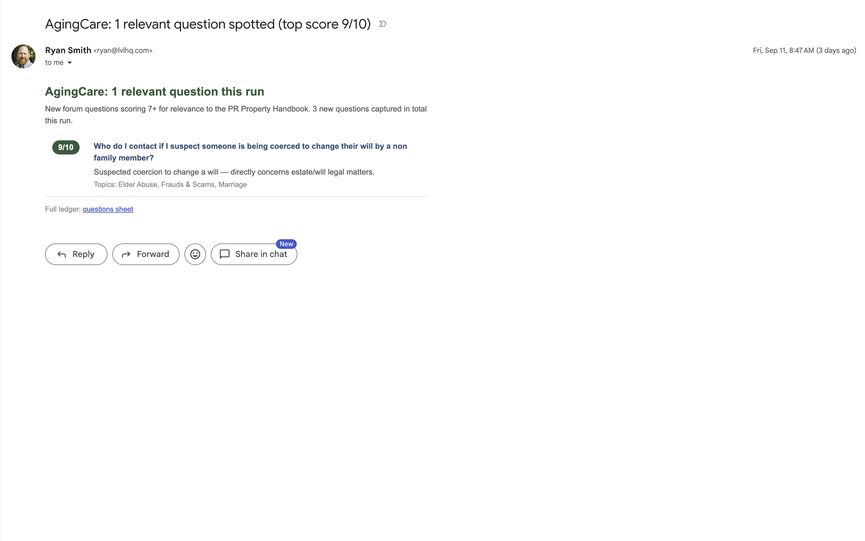 The digest email: one question scored 9 out of 10 out of three captured that run, with the model's one-line reason under it.