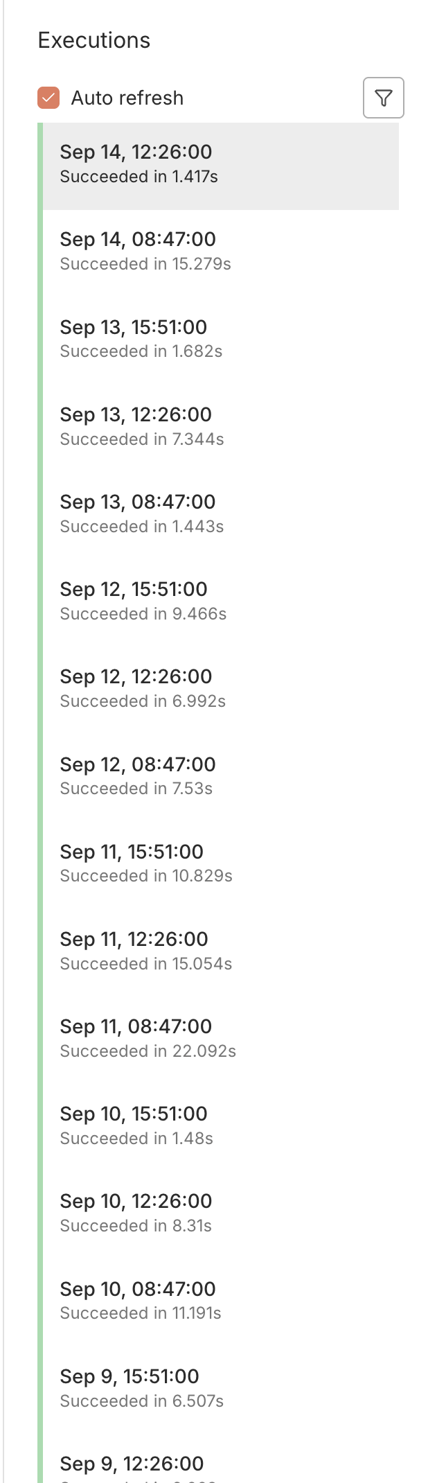 Six days of run history: three runs a day, every one succeeded, each finishing in under 25 seconds.