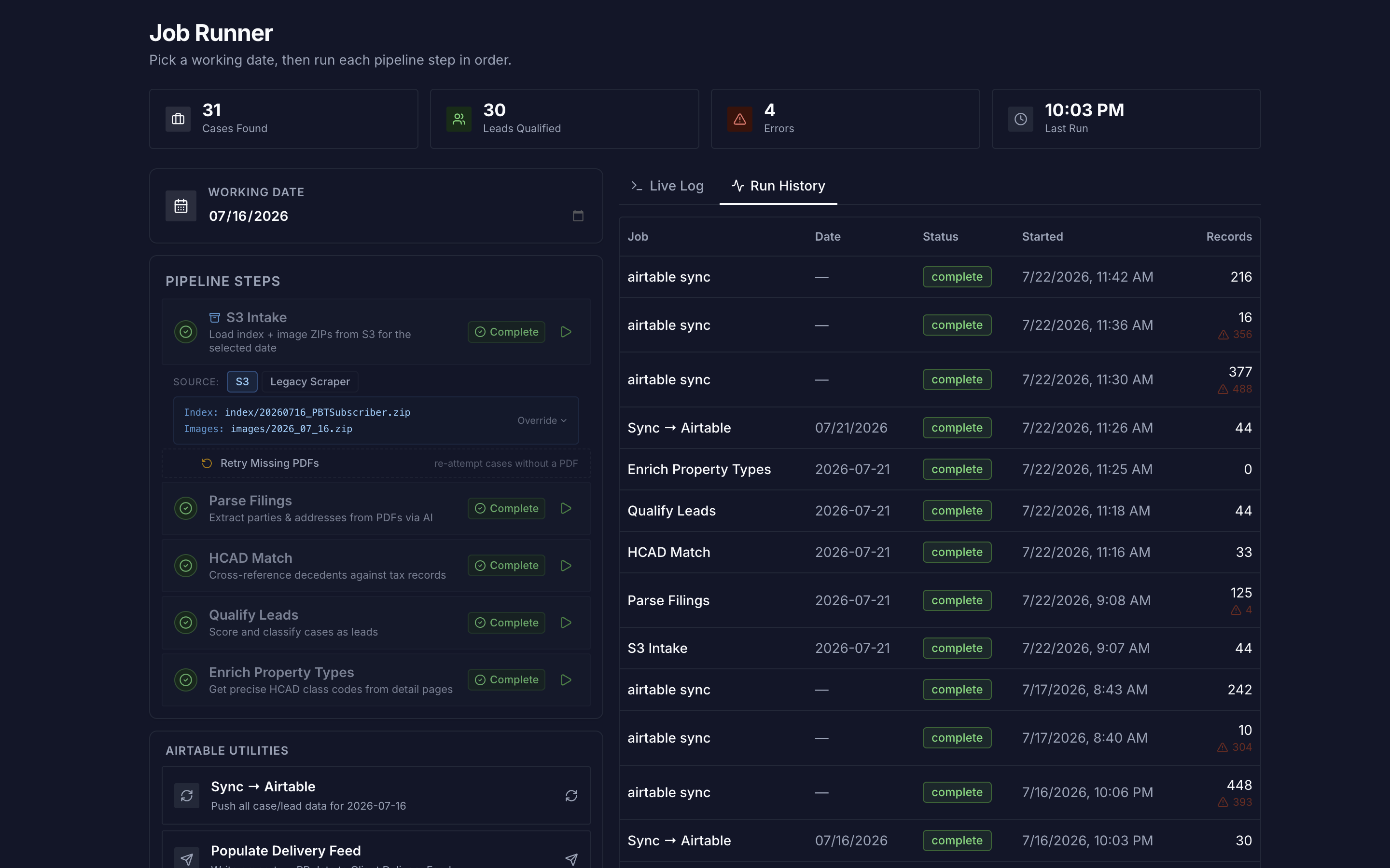 The Job Runner: five pipeline steps run in order for a working date, with run history showing records processed and errors per step.
