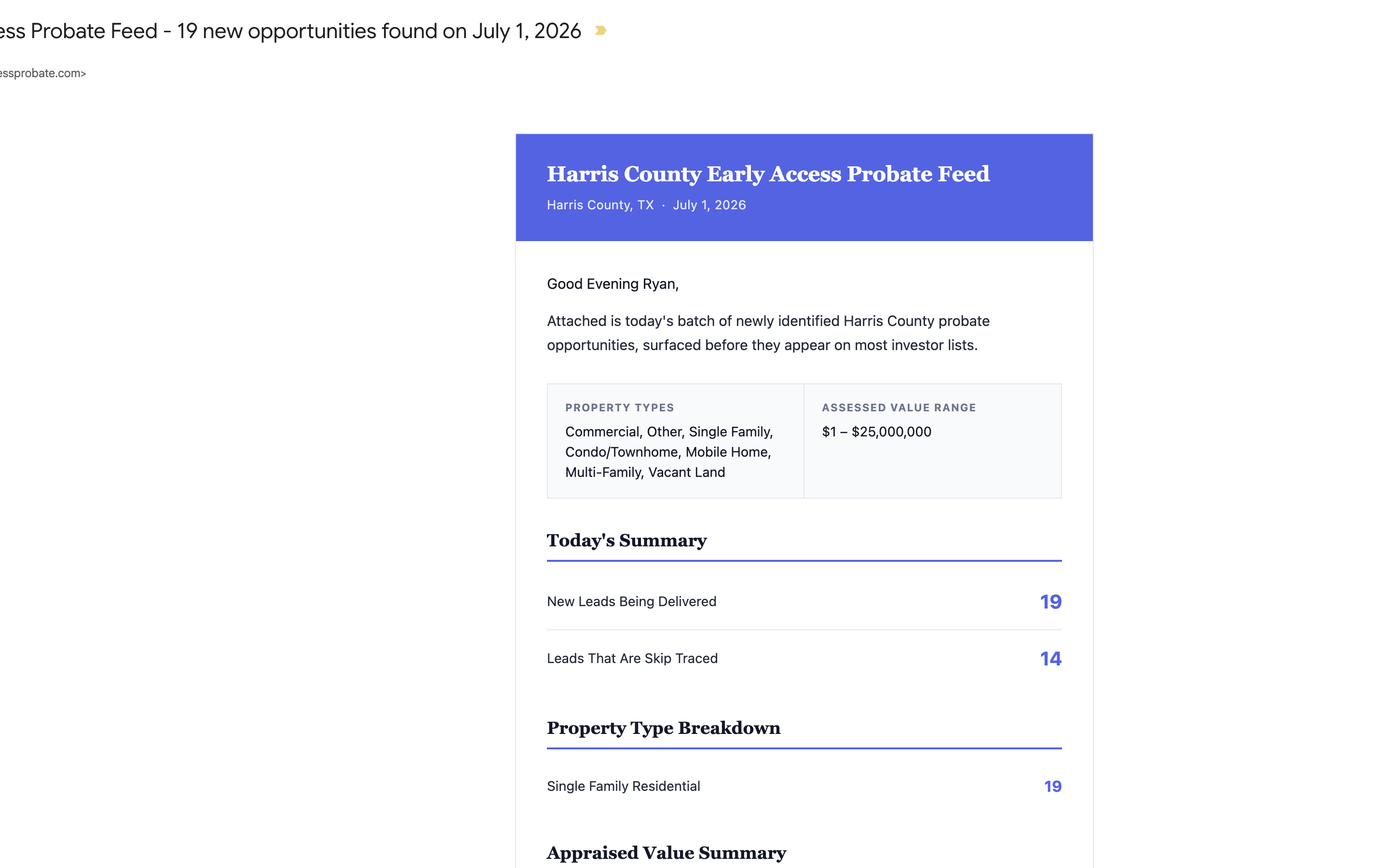 What the subscriber receives: the daily summary email for July 1, 2026, with 19 new leads, 14 of them skip traced, and the spreadsheet attached.