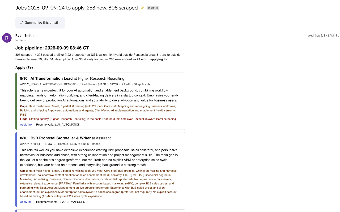 The 2026-09-09 morning digest: 805 scraped, 298 past the prefilter, 268 new, 24 worth applying to, with scored cards showing the fit summary, the hard must-have tally and the flags.