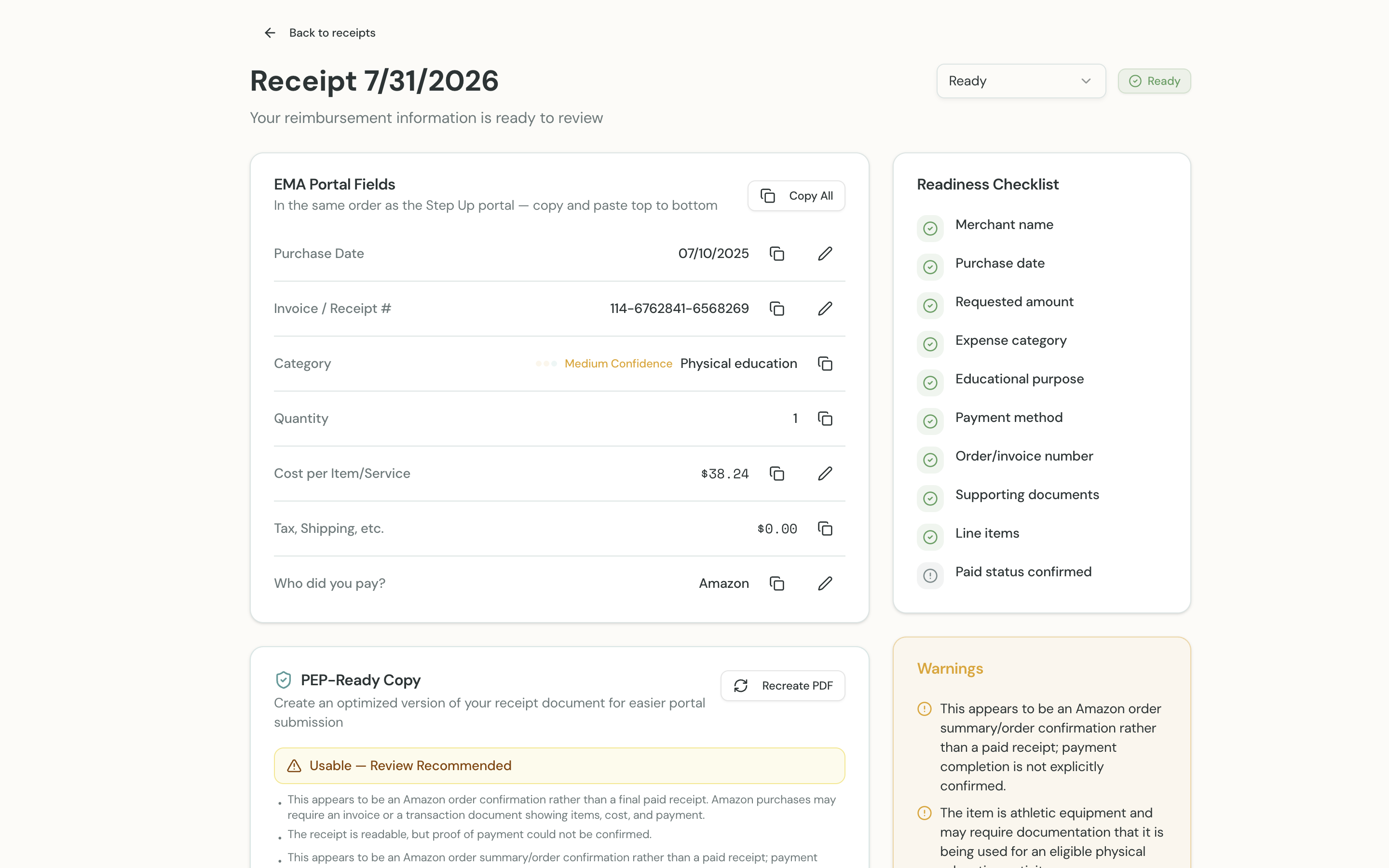 Fields pulled from an Amazon order, listed in the order the state portal asks for them, with the readiness checklist beside them.
