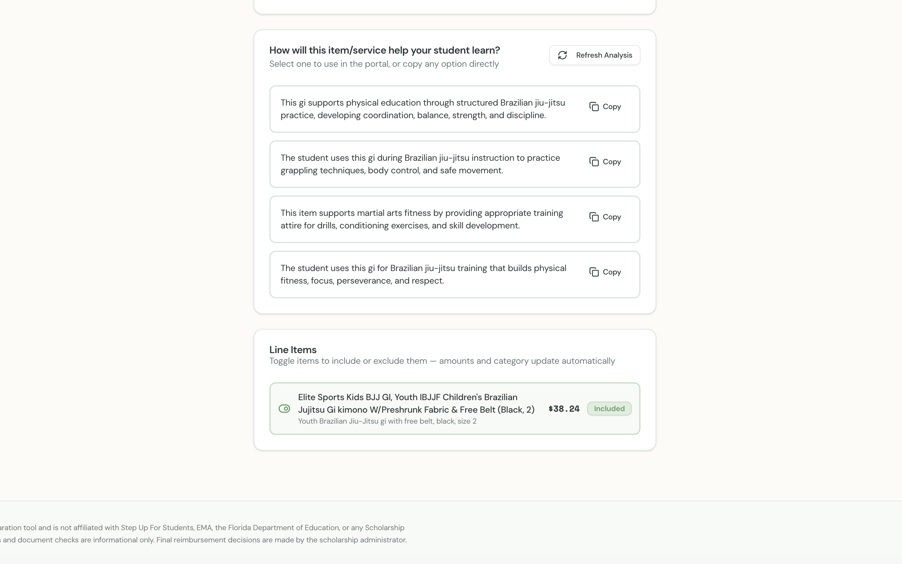 Four educational-purpose statements drafted for the extracted line item, ready to copy into the portal.