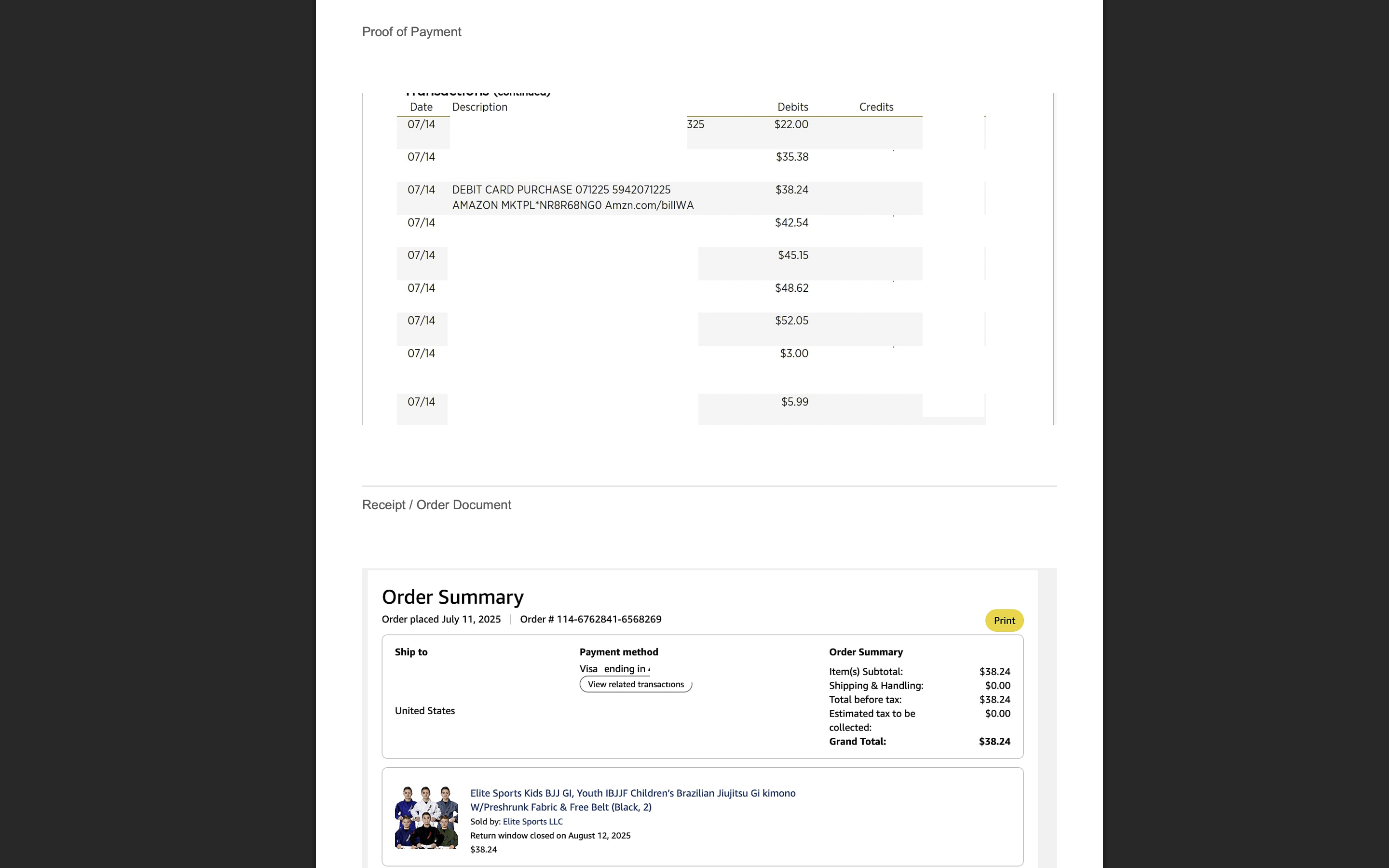 The generated PDF: bank statement proof of payment on top, the Amazon order document below, on one page.