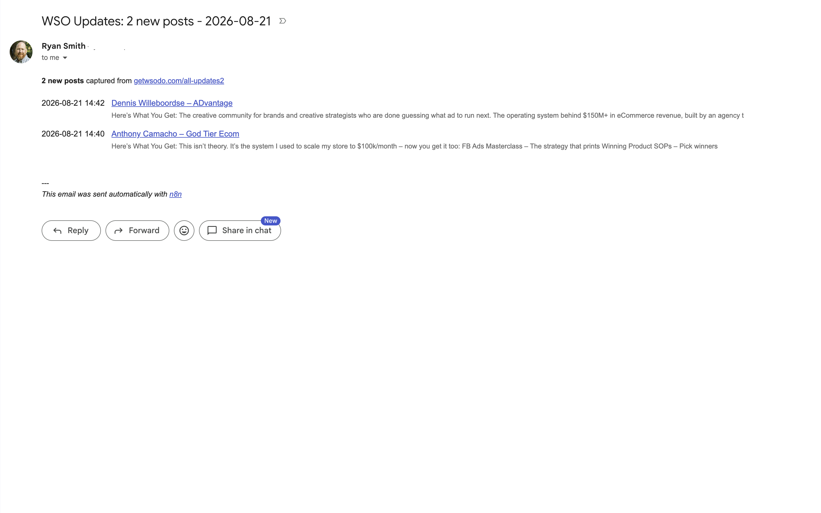 The morning digest as it arrived in Gmail: two newly pirated courses with links and excerpts, from the first version of the parser.